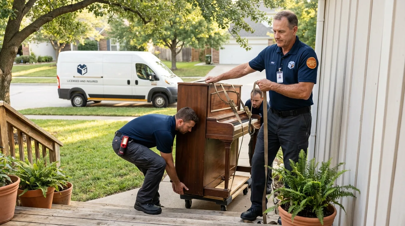 Licensed piano movers securing grand piano in Connell, WA