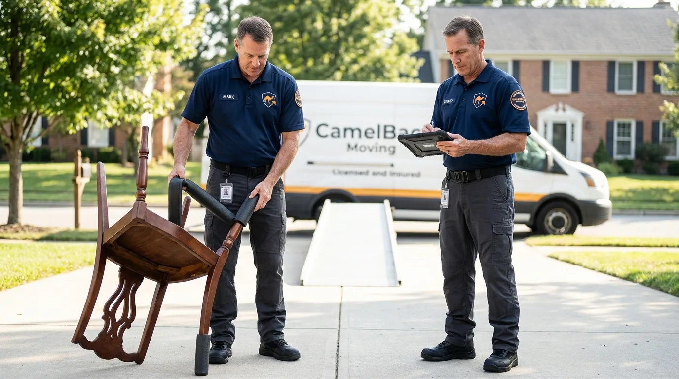 Movers inspecting furniture for damage prevention before loading in Connell, WA