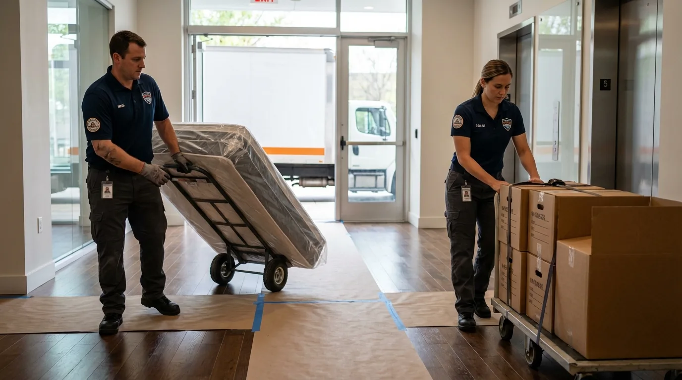 Professional apartment movers loading elevator in Connell, WA